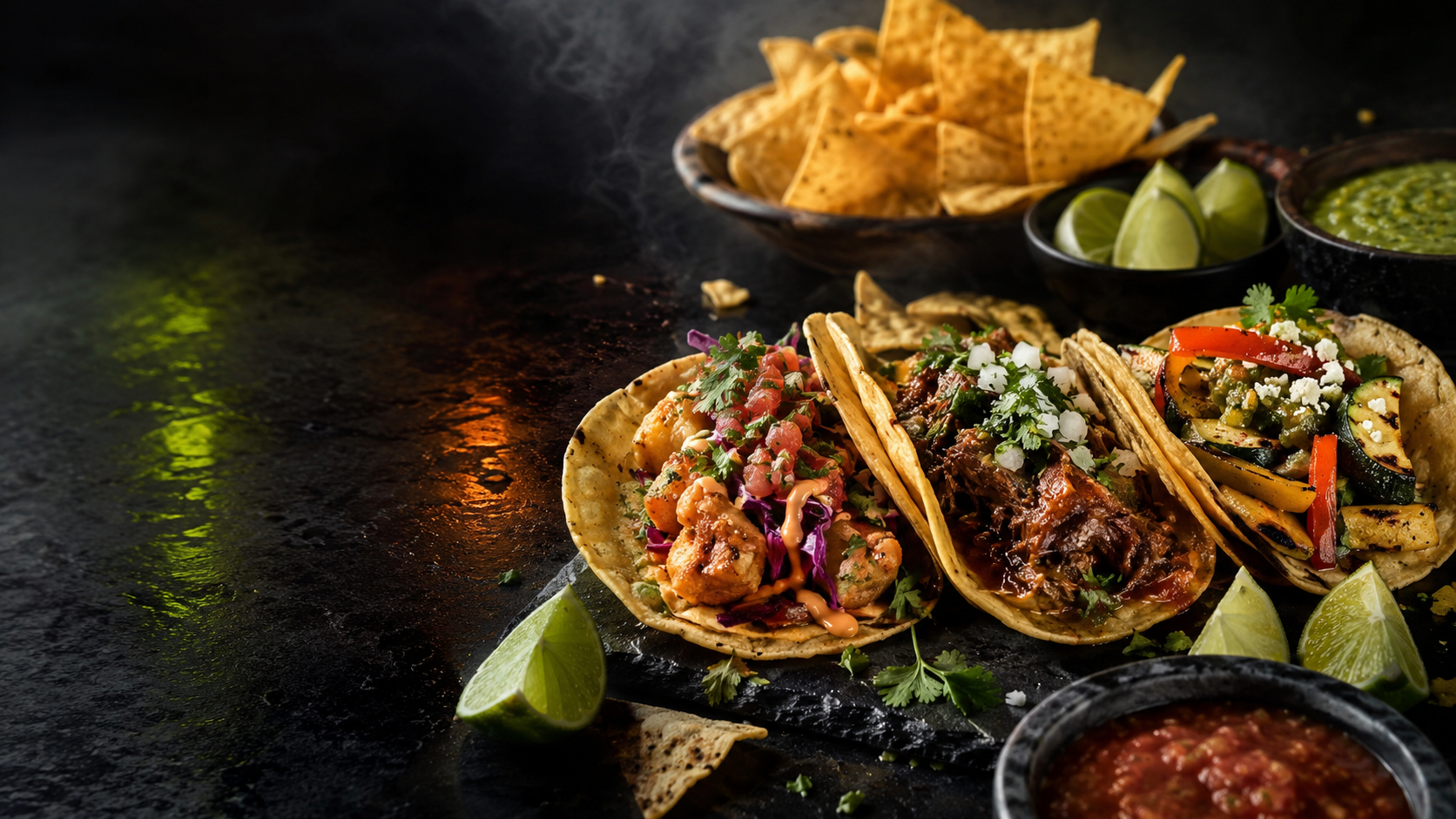 A colourful spread of street tacos, salsa, lime and tortilla chips